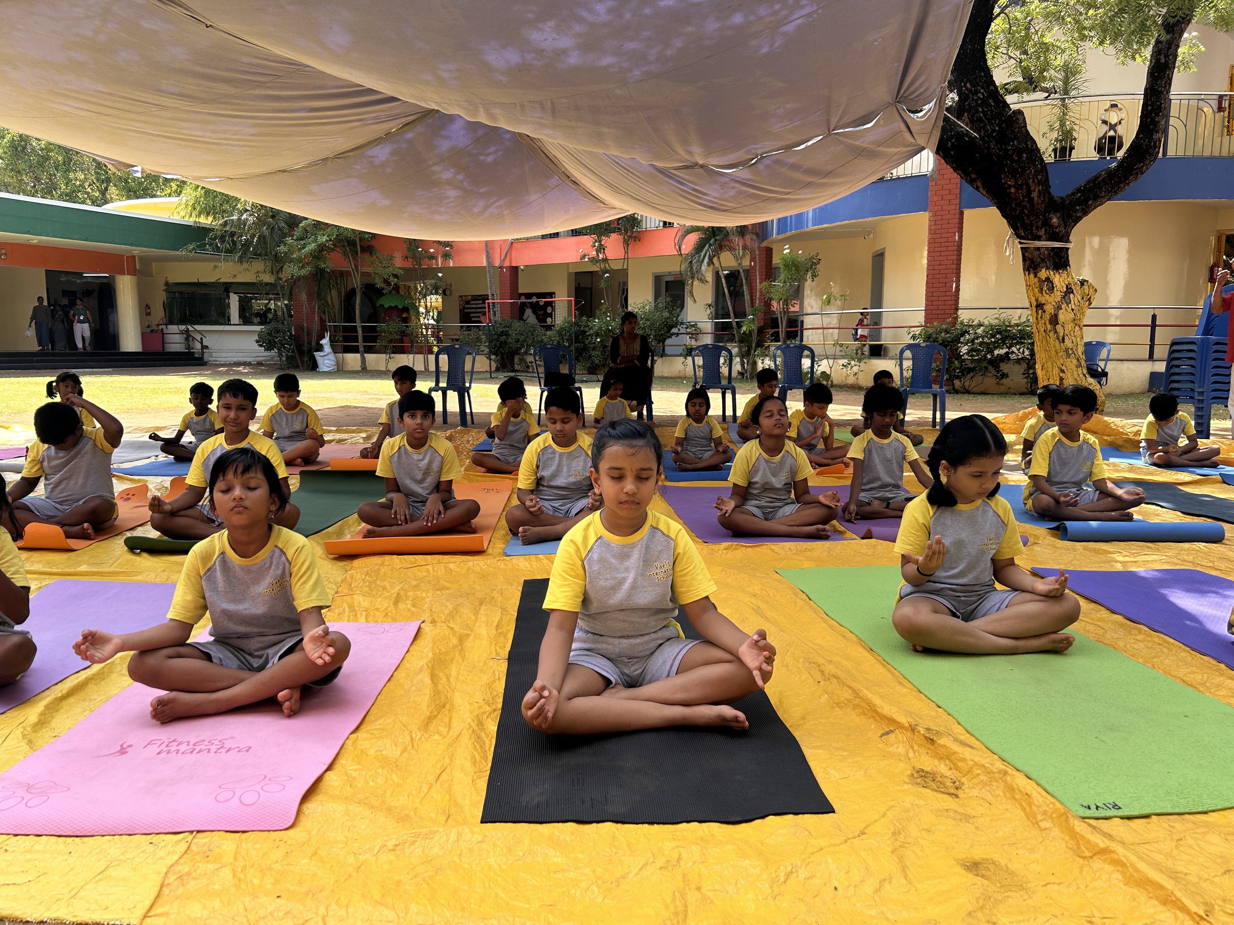 Students practising yoga and mindfulness on colourful mats