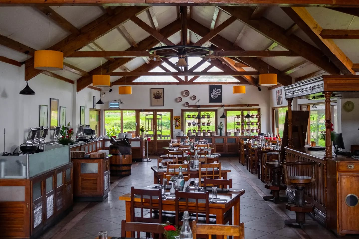 The rustic timber-beamed dining hall