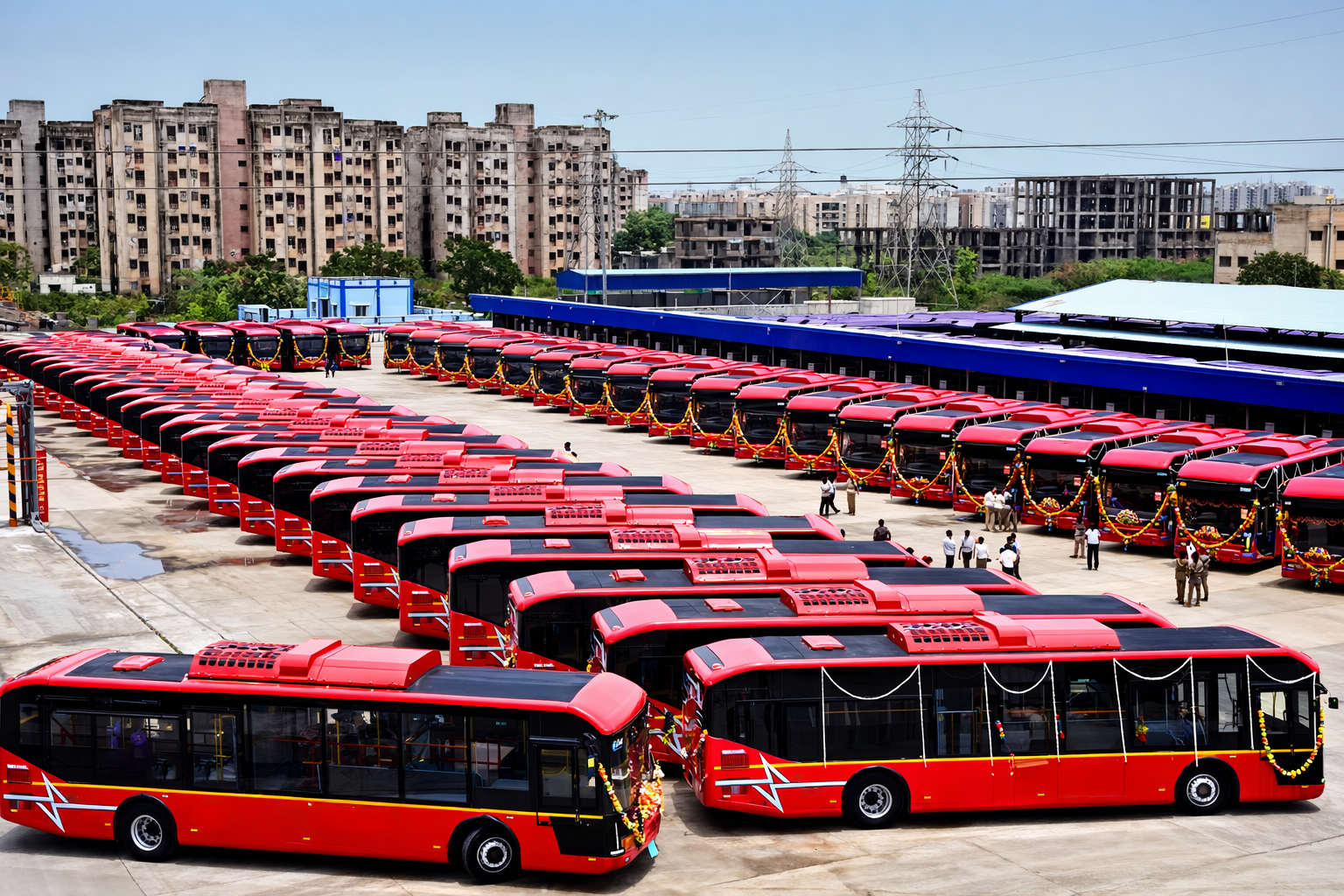 Fleets of electric buses lined up for deployment