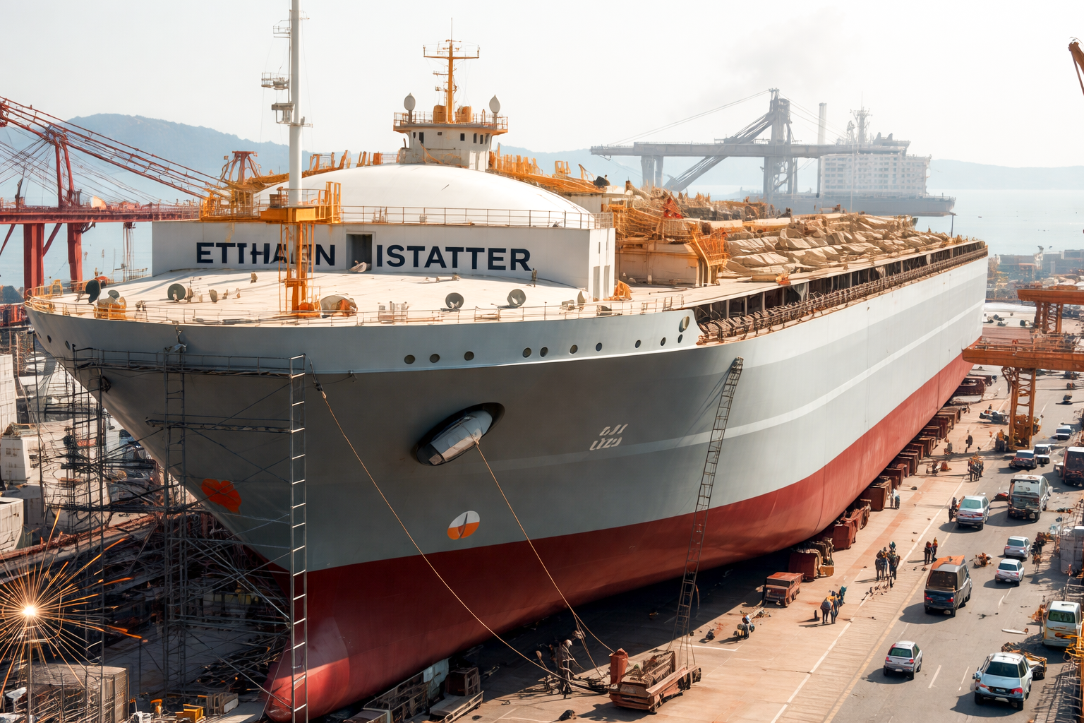 A vessel under construction in dock
