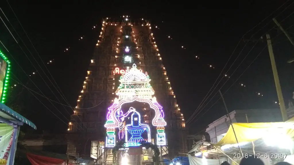 The temple aglow during a festival night