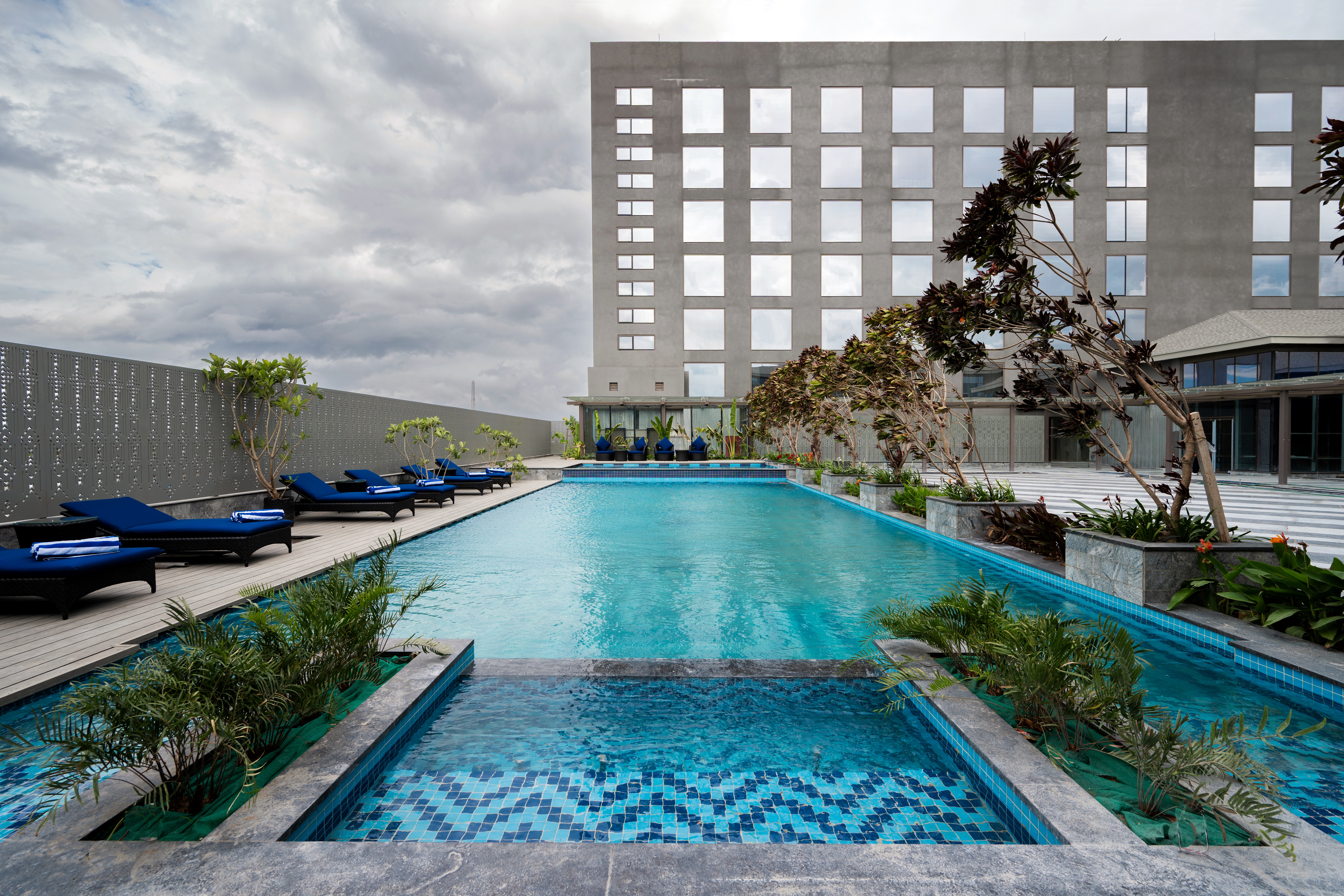 The rooftop infinity pool overlooking the city