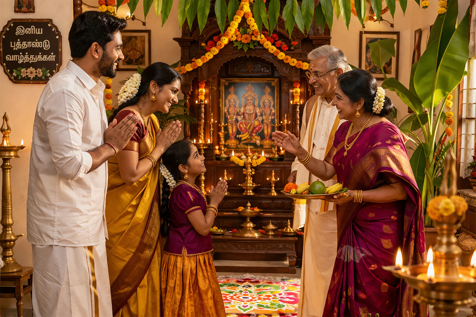 Families gather at the home shrine for Puthandu prayers
