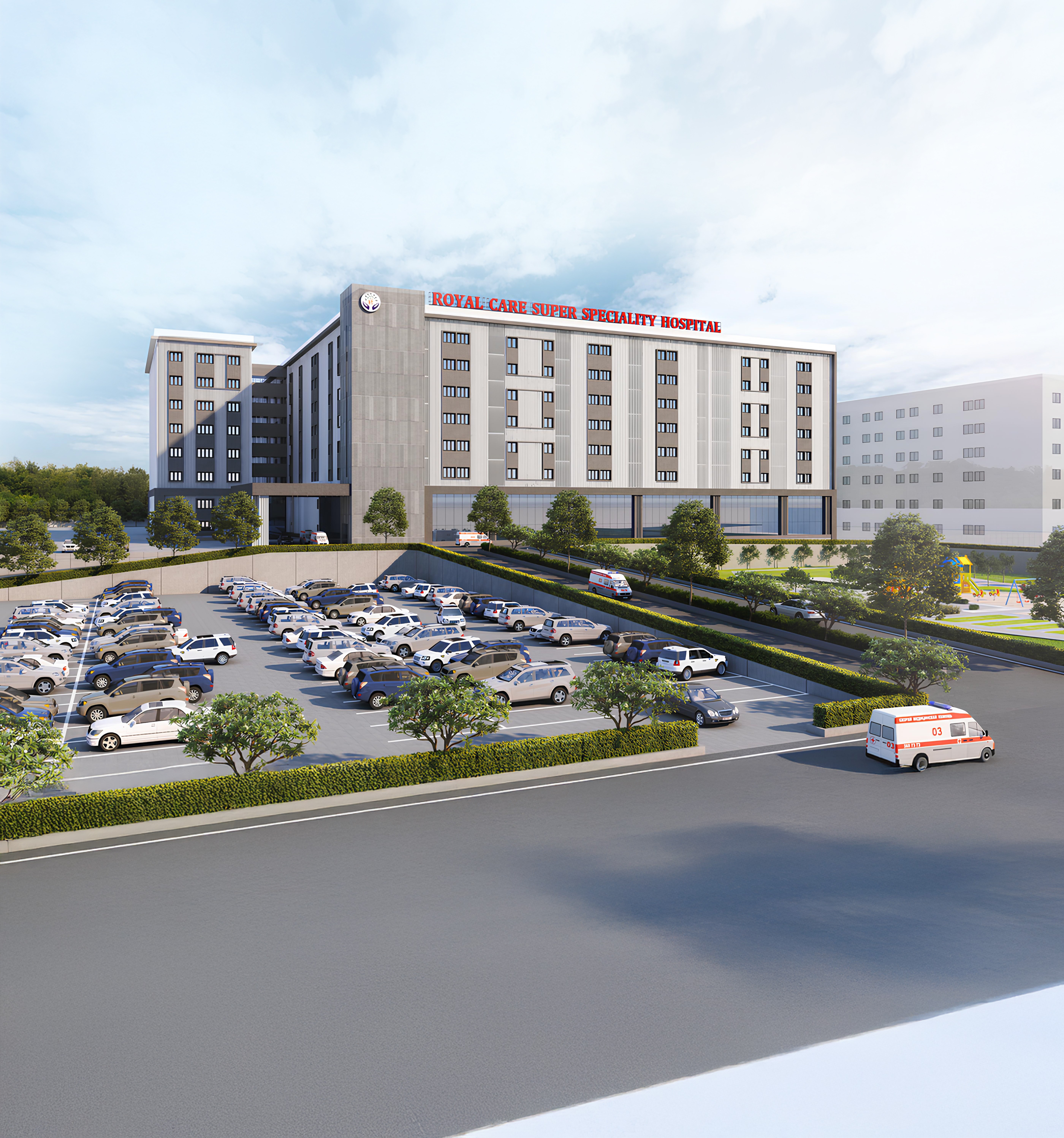 Royal Care Super Speciality Hospital building exterior at Neelambur, Coimbatore