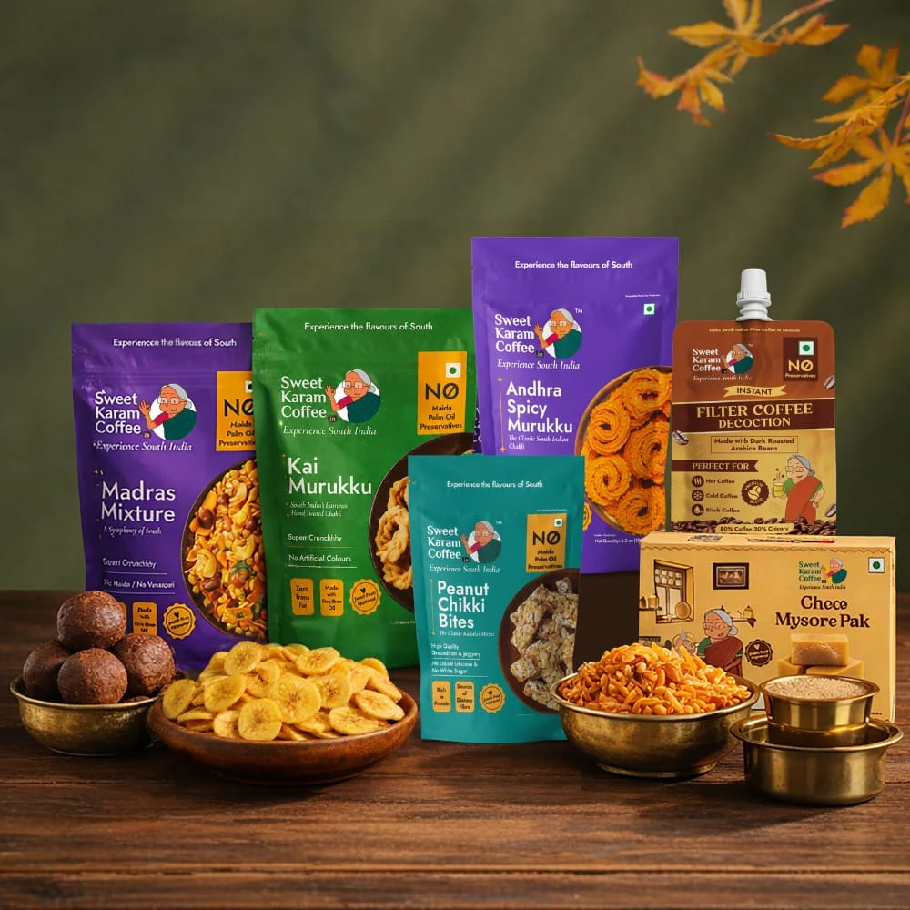 Sweet Karam Coffee full product range including Wheat Halwa, Ribbon Pakoda, Premium Filter Coffee, Seedai and more