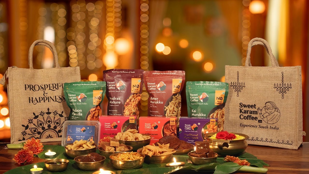 Sweet Karam Coffee product range including Madras Mixture, Ribbon Pakoda and Mini Murukku