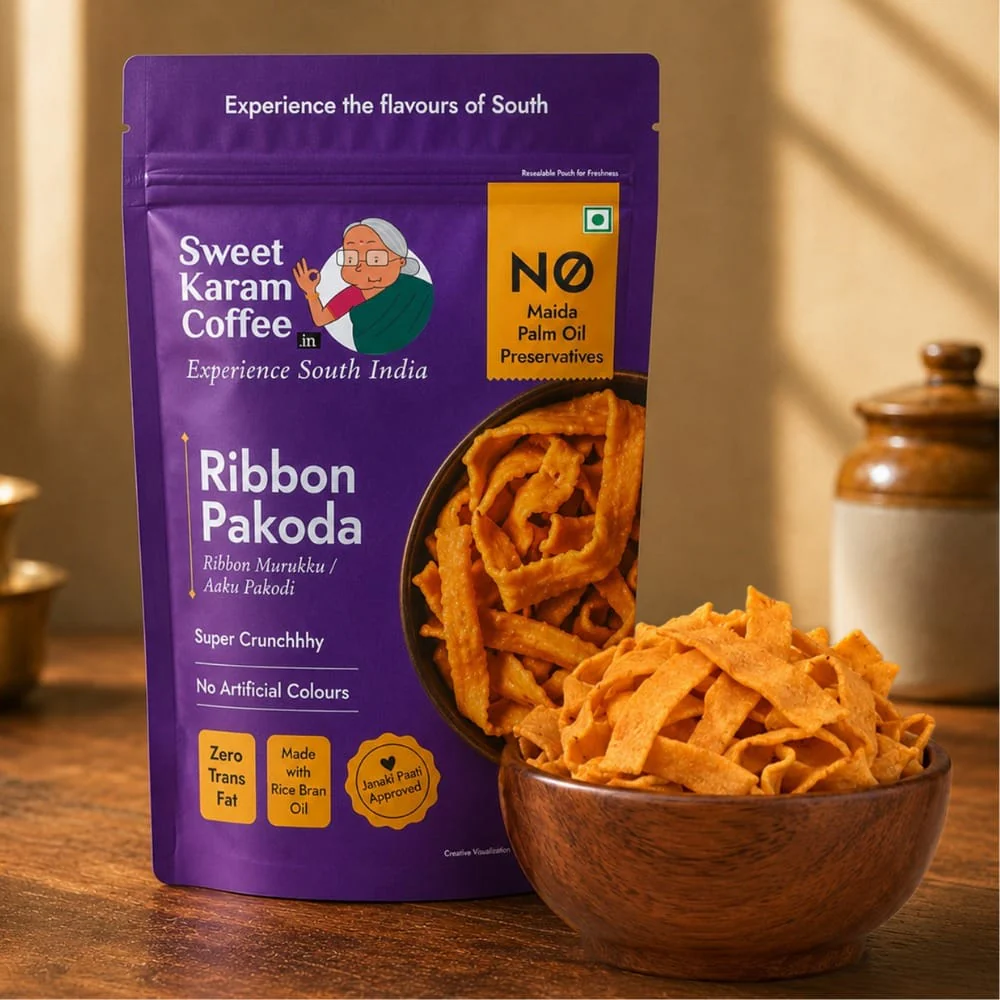 Sweet Karam Coffee Ribbon Pakoda packet with product details