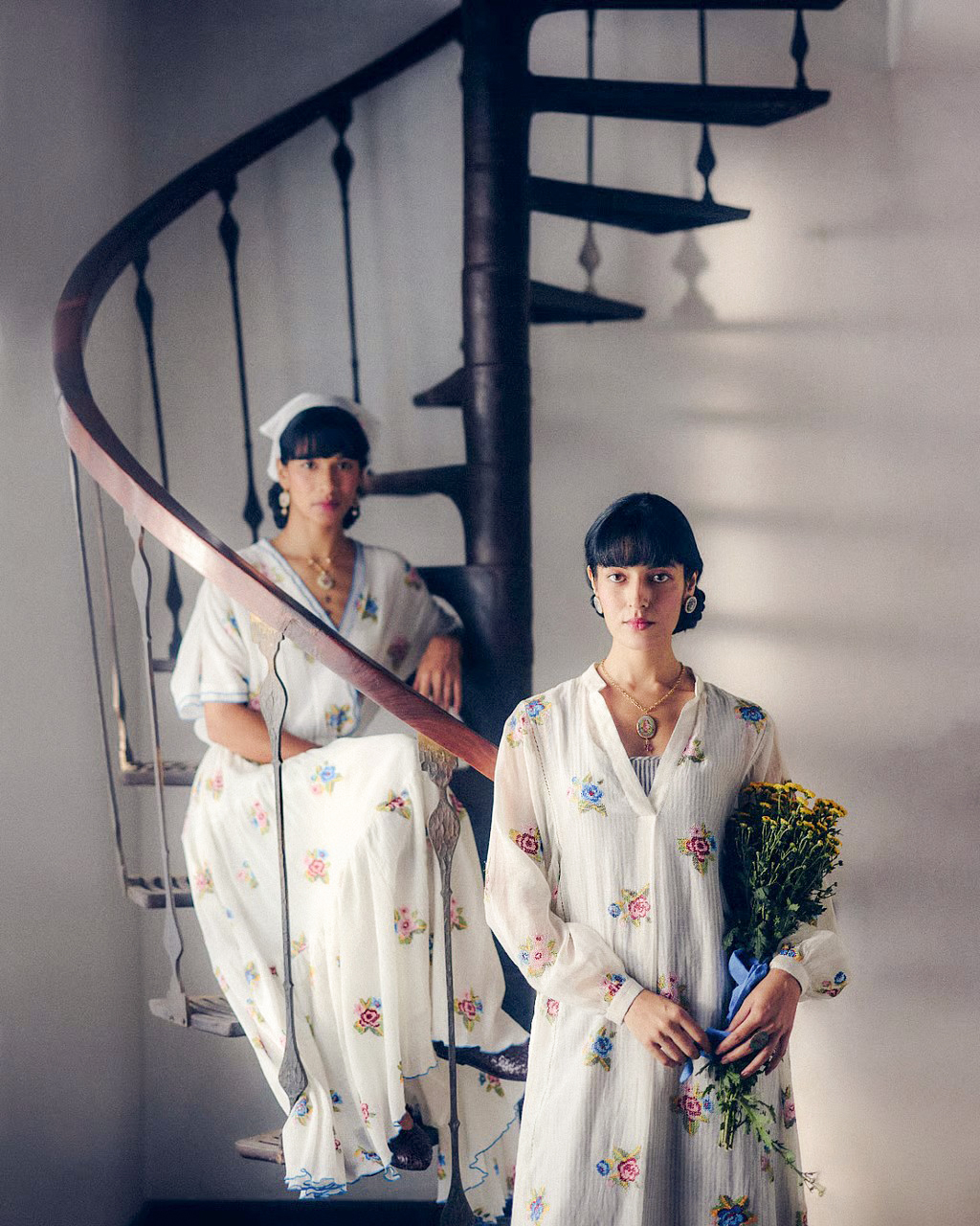 Delicate floral embroidery on airy whites